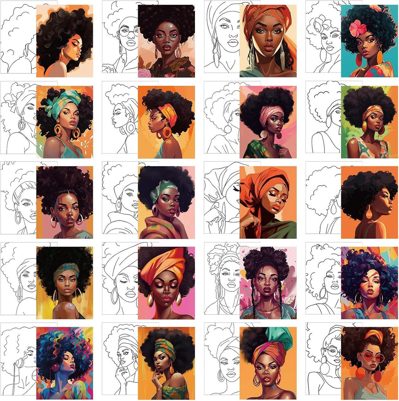 20 Pcs Stretched Pre Drawn Canvas African American Canvas to Paint Afro Queen Black Art for Painting for Adults Outline Pre Drawn Stretched Cotton Art to Paint Party Set, 8 x 10
